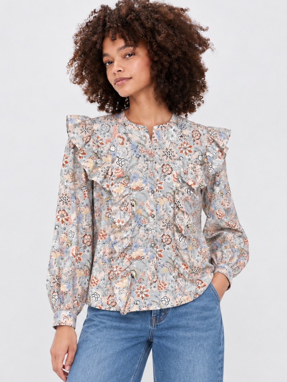 La Vie Rebecca Taylor Cherise Floral Ruffle Blouse Blue Size M